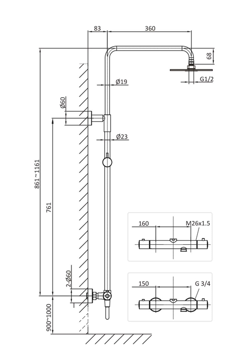 SHOWER COLUMN FINE 150CC CHROME W Ø250 SHOWER HEAD